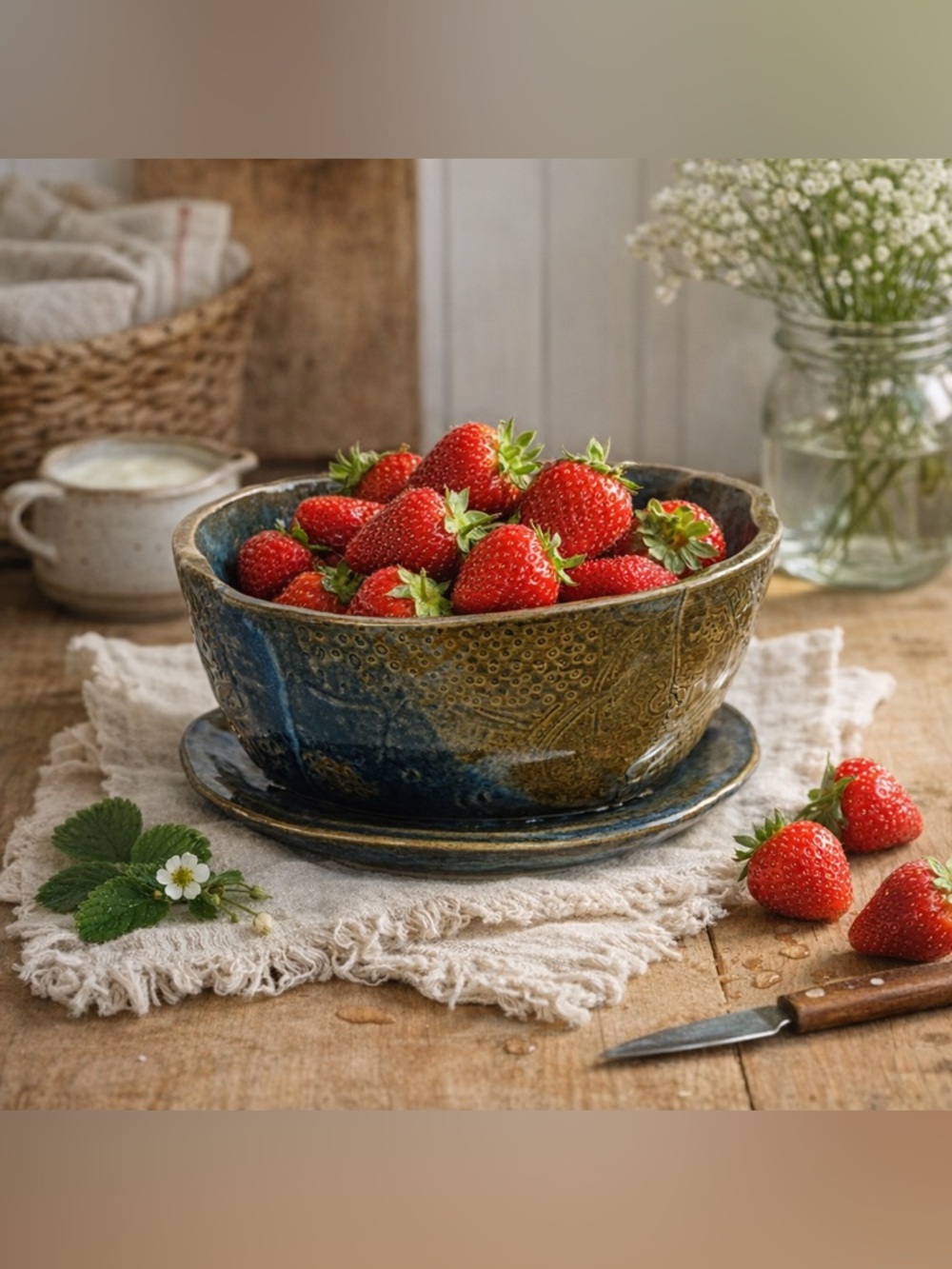 Handmade Berry Bowl w/ Plate – Blue & Earth Tone Glaze Pottery